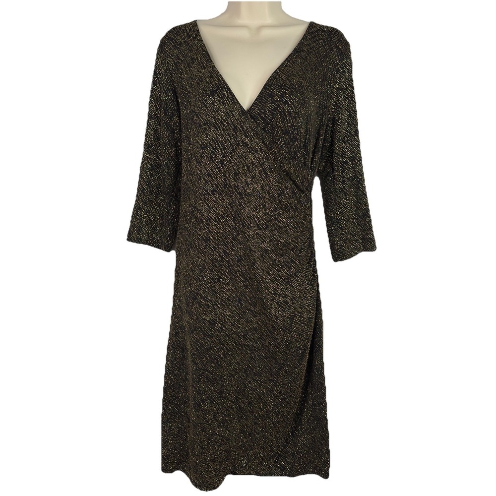 Vintage 90s Olivia Matthews Gold Metallic Wrap Midi Dress M Made USA Party